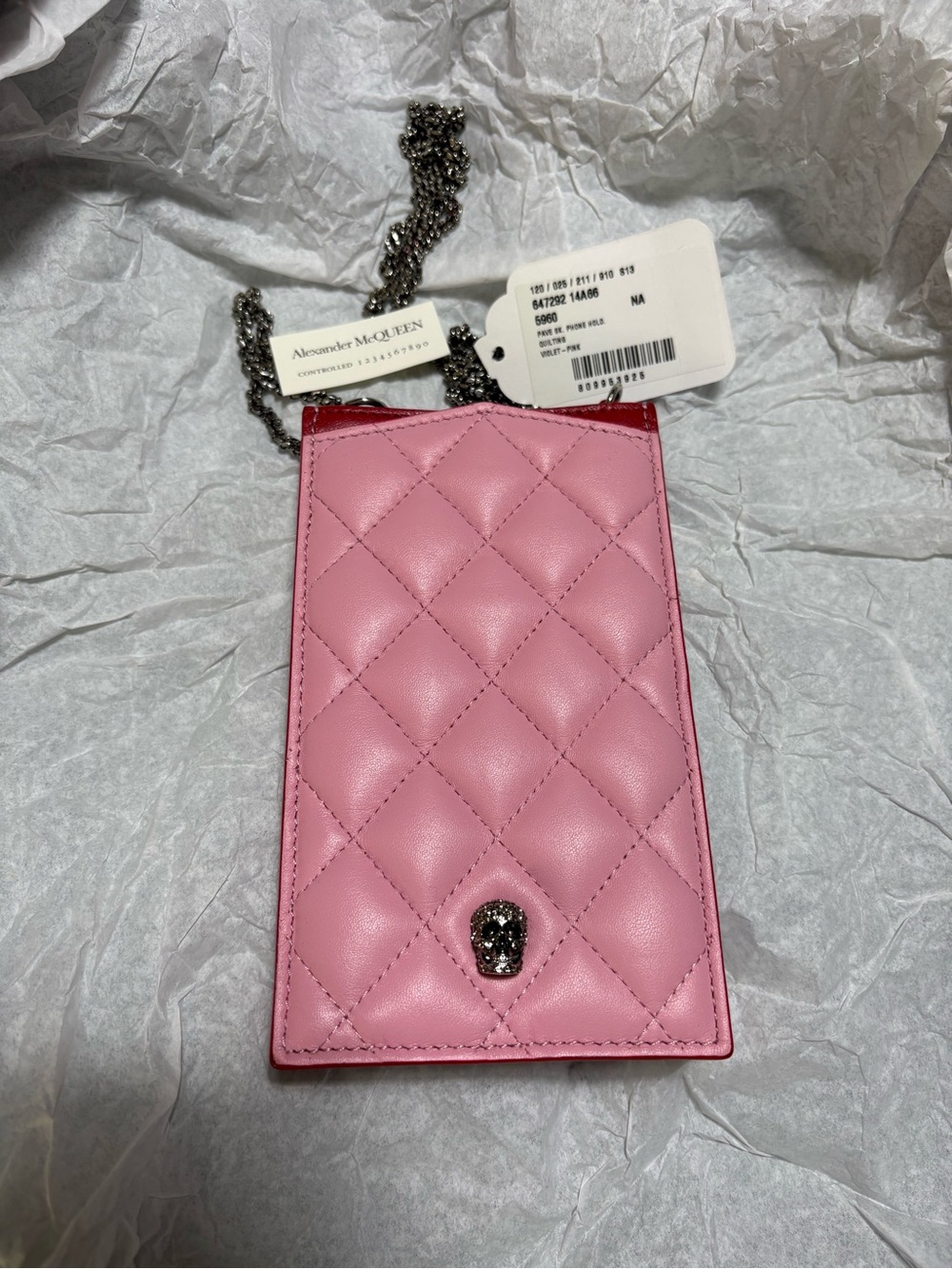 Alexander McQueen Pink Quilted Leather Phone Crossbody with Skull Accent